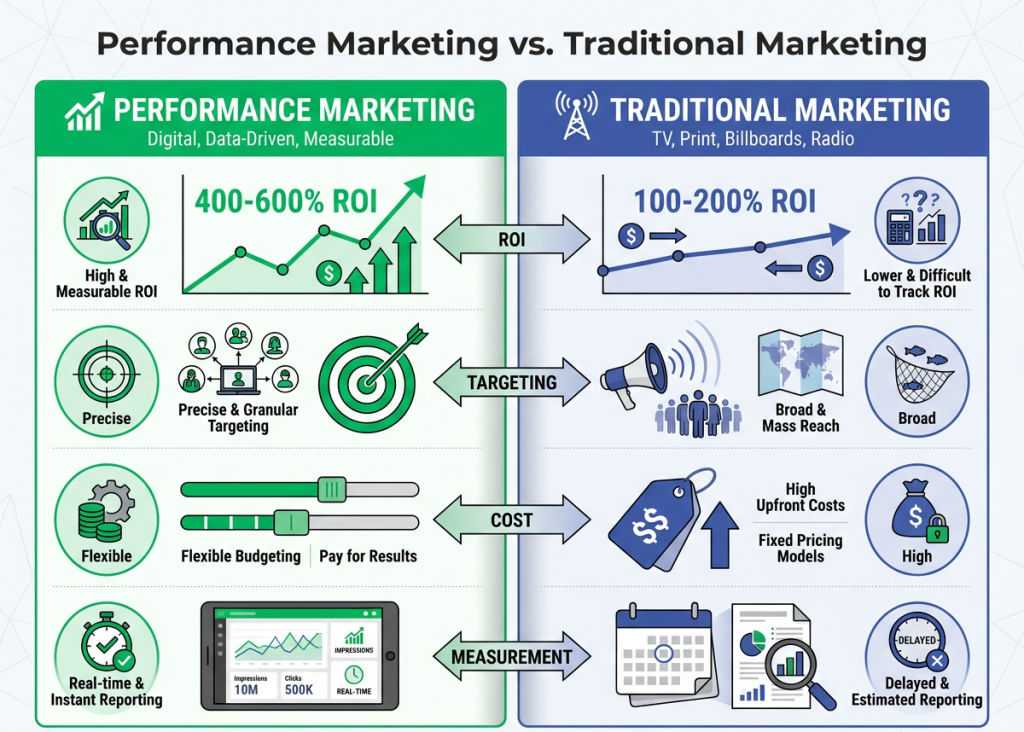 Performance marketing vs Traditional marketing infographic